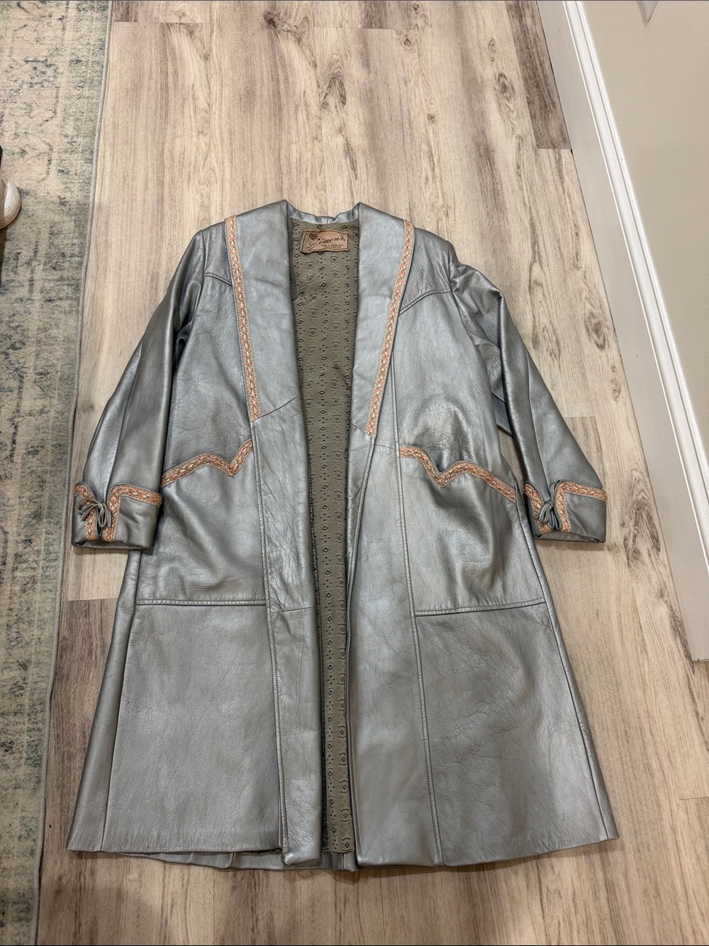Vintage metallic silver Leather Coat with Embroidered Trim women large